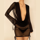 Open back sheer mesh long sleeve ruched skirt set