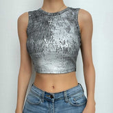 Textured contrast sleeveless crewneck patchwork crop top