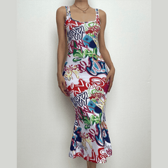 Contrast print square neck sleeveless slit backless midi dress
