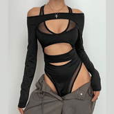 PRE ORDER - Hollow out solid long sleeve off shoulder mesh bodysuit
