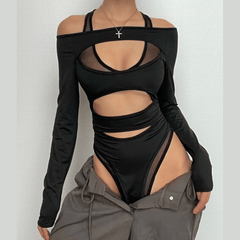 PRE ORDER - Hollow out solid long sleeve off shoulder mesh bodysuit