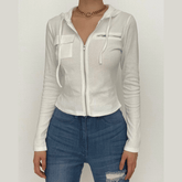 Ribbed solid zip-up hoodie long sleeve crop top