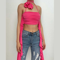 Solid halter flower applique ribbon ruched backless crop top