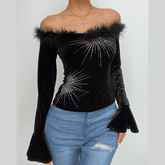 Velvet fluffy patchwork beaded off shoulder long flared sleeve top