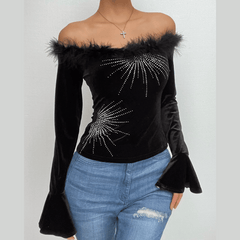 Velvet fluffy patchwork beaded off shoulder long flared sleeve top