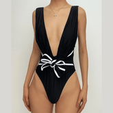 V neck sleeveless knotted contrast one piece swimwear