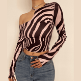 Long sleeve off shoulder zebra print crop top