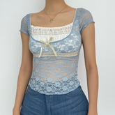 Square neck lace ruffled short sleeve bowknot top