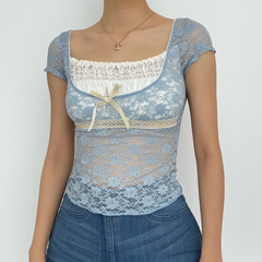 Square neck lace ruffled short sleeve bowknot top
