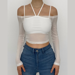 Long sleeve mesh halter self tie off shoulder cami 2 piece crop top