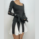 Long flared sleeve bowknot self tie u neck contrast patchwork mini dress