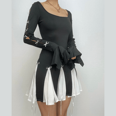 Long flared sleeve bowknot self tie u neck contrast patchwork mini dress