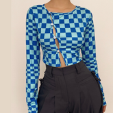 Plaid contrast button hollow out long sleeve crop top