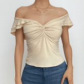 Off shoulder ruffle knotted backless solid top