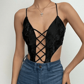 Lace up cross back backless self tie bodysuit