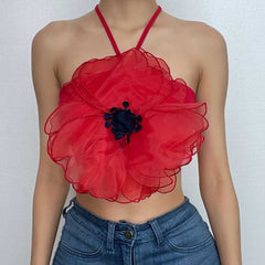 Flower pattern embroidery contrast halter self tie backless crop top