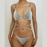Striped metal chain cross front backless bikini swimwear