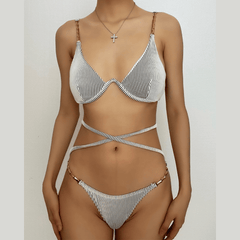 Striped metal chain cross front backless bikini swimwear