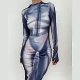 Contrast print slit long sleeve gloves high neck maxi dress