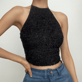 Textured halter self tie backless solid crop top
