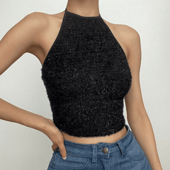 Textured halter self tie backless solid crop top