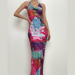 Cowl neck halter backless ruched flower print maxi dress
