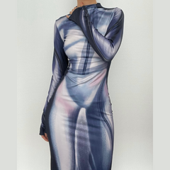 Contrast print slit long sleeve gloves high neck maxi dress