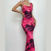 Contrast irregular cowl neck sleeveless backless maxi dress