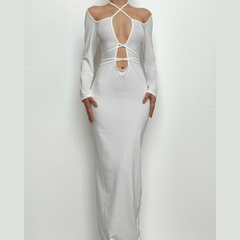 Hollow out self tie solid long sleeve cross front maxi dress