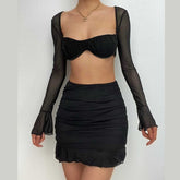 Mesh hollow out solid ruffle long sleeve ruched mini skirt set