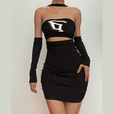 Halter "D" applique ruched gloves backless mini dress