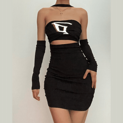 Halter "D" applique ruched gloves backless mini dress