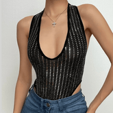 Glitter v neck low cut backless halter bodysuit