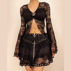 Flared sleeve lace slit v neck solid crop top