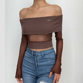 Off shoulder metal tag mesh patchwork knitted top