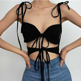 Hollow out backless self tie solid low cut crop top