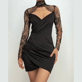 Hem lace low-cut high neck ruched midi dress