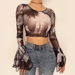 Round neck sheer mesh print long sleeve crop top