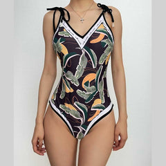 Flower pattern contrast self tie v neck backless one piece swimwear