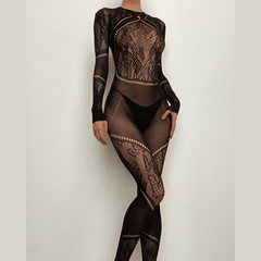 Crewneck fishnet long sleeve hollow out solid see through jumpsuit