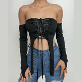Lace up off shoulder long sleeve gloves solid tube crop top