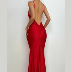 Low cut v neck ruched solid backless cami maxi dress