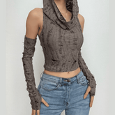 Textured off shoulder hoodie gloves cowl neck crop top