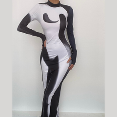Long sleeve contrast gloves crewneck abstract midi dress