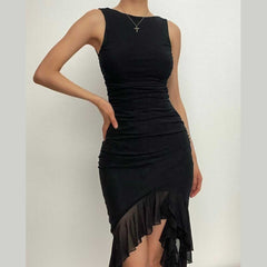 Ruched solid sleeveless ruffle zip-up backless midi dress