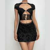 Button short sleeve hollow out textured mini dress