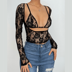 Long sleeve hollow out contrast lace 2 piece top