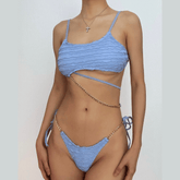 Textured metal chain irregular self tie backless bikini swimwear