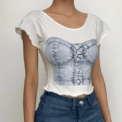 Denim pattern cap sleeve contrast u neck ruffle crop top