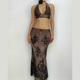 Halter self tie lace backless v neck midi skirt set